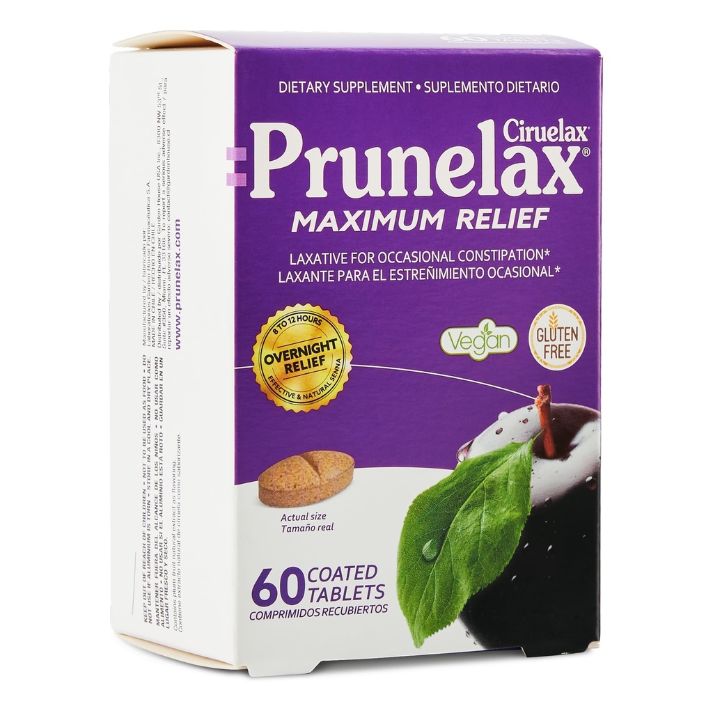 Prunelax Ciruelax Maximal Relief Laxative tabletter med naturlig Senna för yrkesmässig förstoppning, Senna Extract, Vegan & Gluten-Free, Gentle Overnight Relief - 60ct