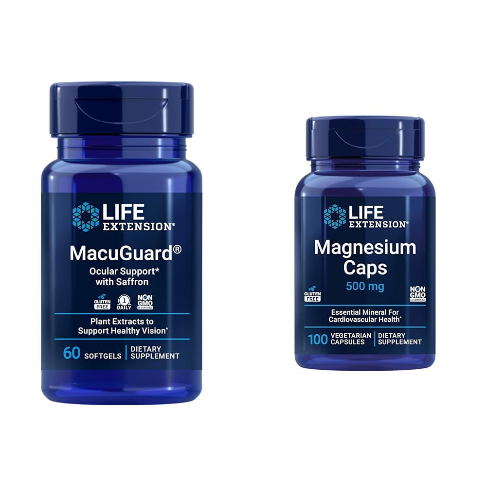 Livslängd MacuGuard Eye Health Supplement med Magnesium Capsules 500mg - Lutein, Zeaxanthin, Meso-zeaxanthin och Saffron för hälsosam vision - 60 Softgels och 100 vegetariska kapslar