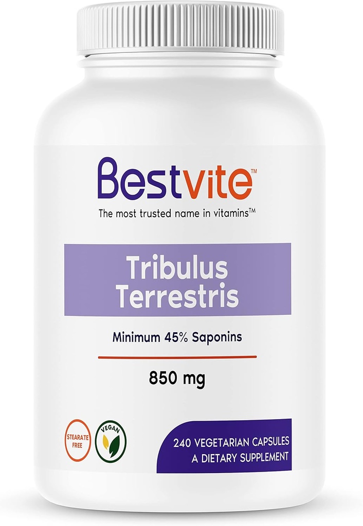 BESTVITE Tribulus Terrestris 850mg per kapsel (240 vegetariska kapslar) - Standardiserat extrakt - Min 45% Saponiner - Inga stearat - Ingen silikondioxid - Inga filler - Vegan - Non GMO - Gluten Free