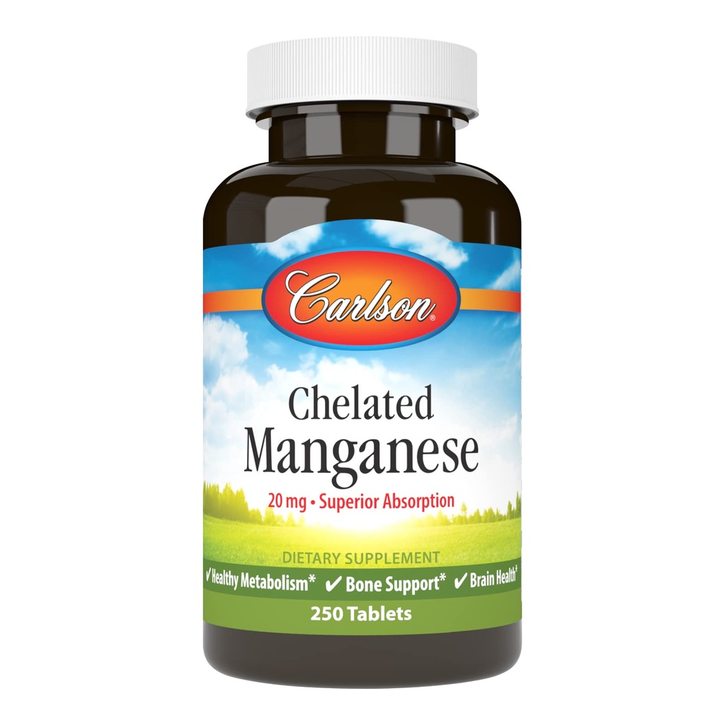 Carlson - Kelated Mangaani, 20 mg - Superior Absorptio, Terve aineenvaihdunta, Bone Support & Brain Health, 250 tablettia