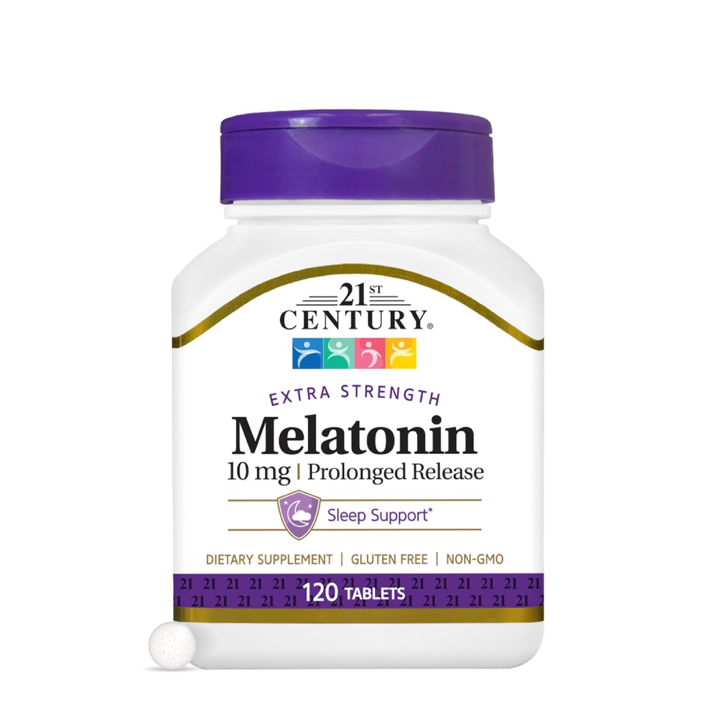 21st Century Melatoniini 10 mg Extra Strength Tabletit (120 kreivi), pitkittynyt vapauttaa unilääke aikuisille, edistää rentoutumista ja lepoa, ei-hubittinen muoto, gluteeniton, ei-GMO