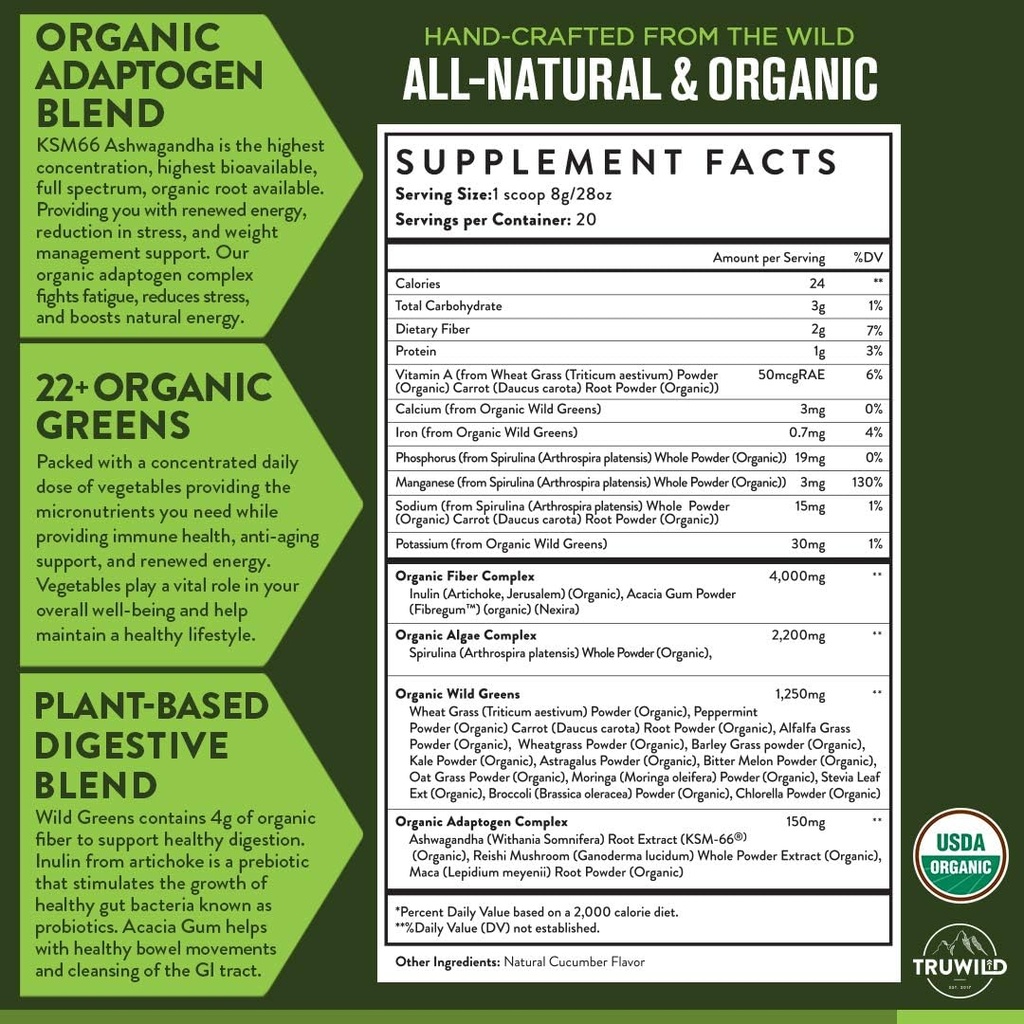 TruWild Greens Superfood Juice Powder, med 22 + Greens & Anti-Oxidants, Natural Immune, Stress, Digestion Support Powder, 90 Servings, 3 Pack