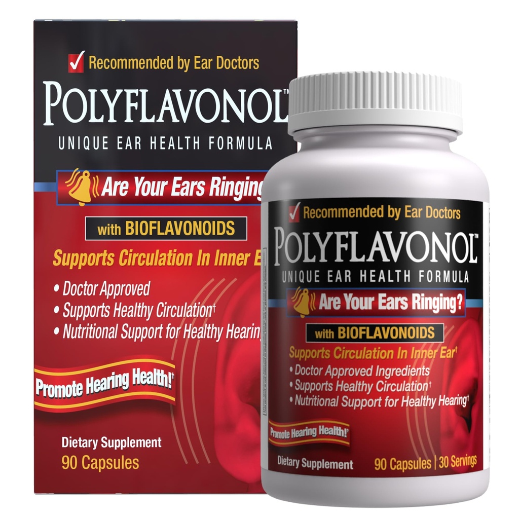 Polyflavonol med bioflavonoider, Tinnitus Relief, Unique Ear Health Formel, Ringing Ears Support, Stöder cirkulationen i inre örat, främjar hörselhälsa, 90 kapsel, 30 portioner