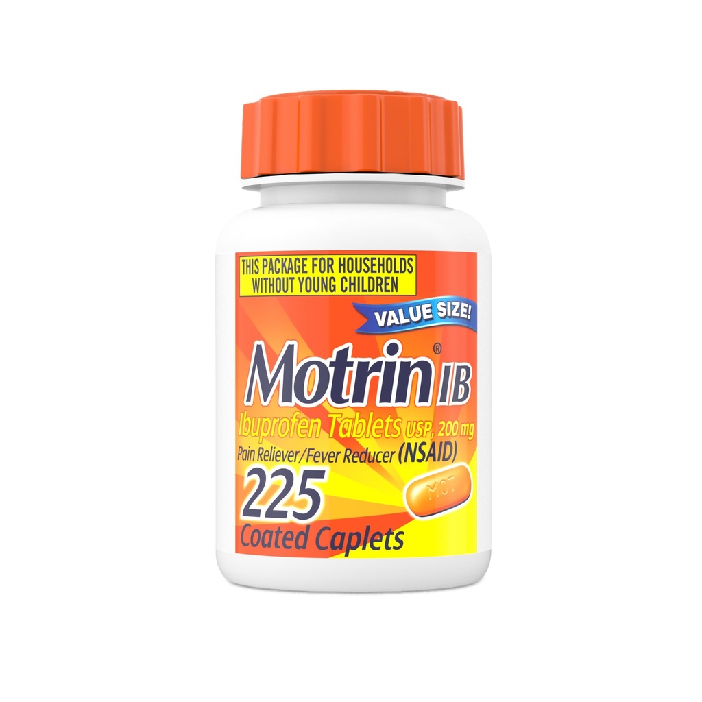Motrin IB Ibuprofeeni 200 mg: n tabletit, nopeavaikutteinen kivunlievitys- ja kuumeen reduktori, ylikuumeinen kylmälääke päänsärkyyn, selkäkipuun, hammassärkyyn, kuukautiskipuun ja lievään niveltulehdukseen, 225