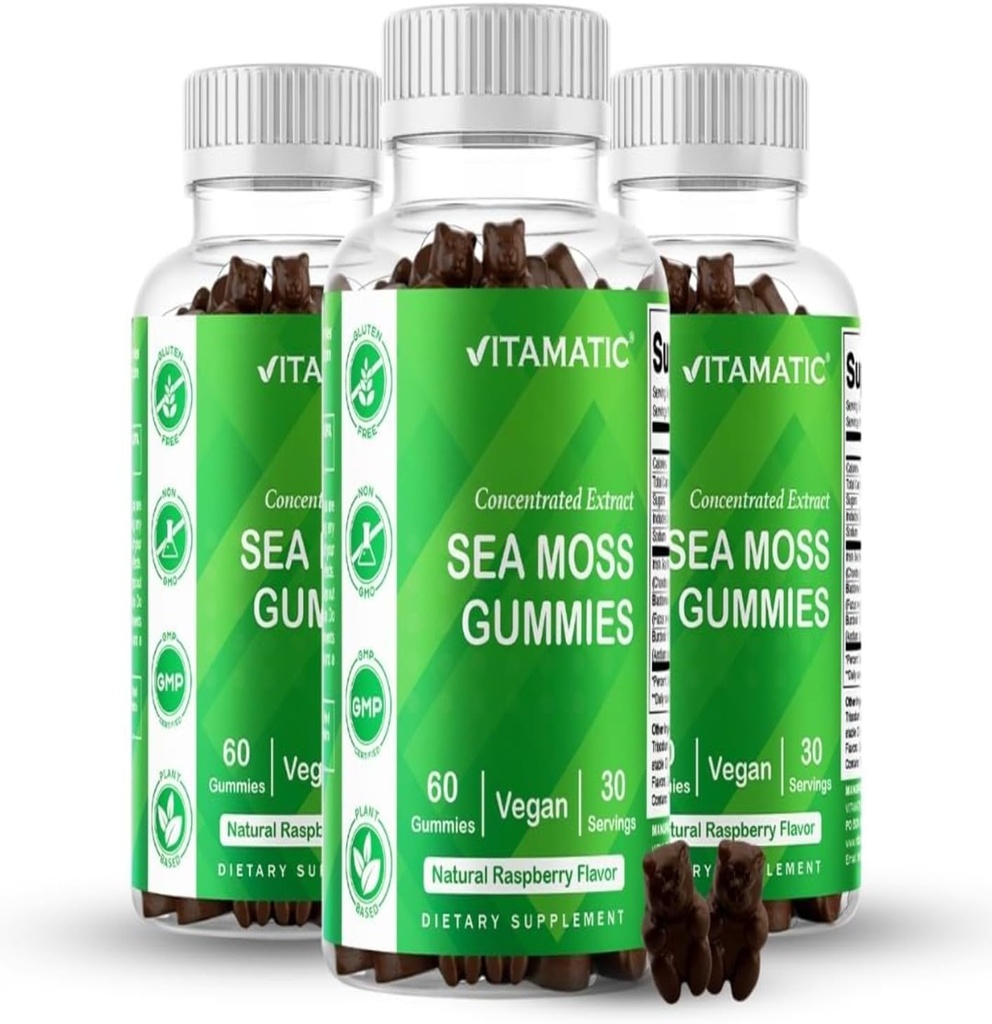 Vitamatic 3 Pack Irish Sea Moss Gummies- 3000mg Equivalent Per Serving (alkaen Extract 132,5 mg) - 60 Ct - Made with Blackderwrack & Burdock Root - Seamoss täydentää Kilpirauhasen, energia, Immuunituki