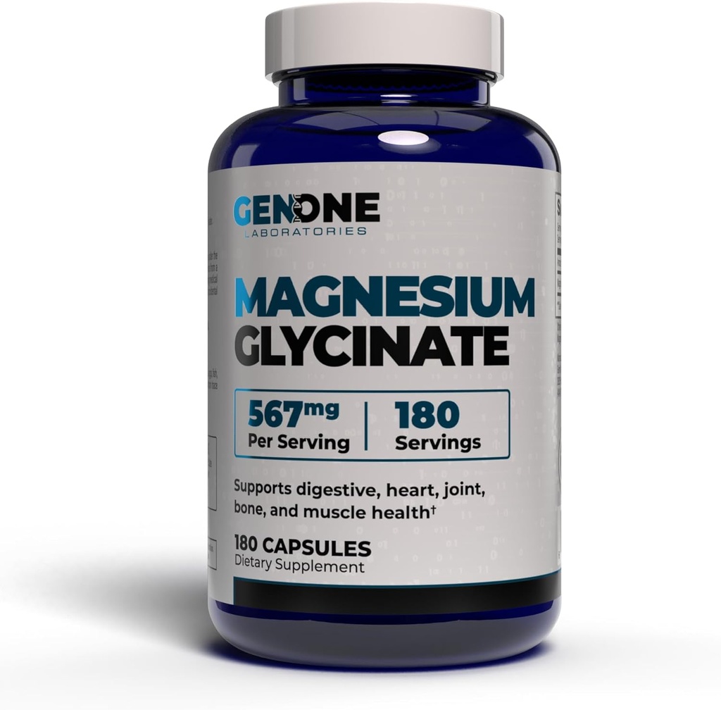 GenOne Magnesium Glycinate kapselit - tehostettu imeytyminen luun ja mielen tuki - hellä vatsa 567 mg per tarjoilu - 180