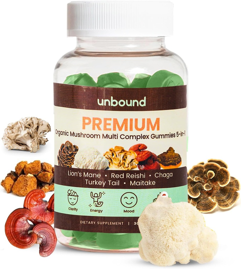 Ei sitoumuksia Premium Organic Mushroom Multi-Complex Gummies for Support Memory 5 in 1, Blend with Chaga, Lion's Mane, Reishi, Turkey Tail, Maitake - 60 Gummies,
