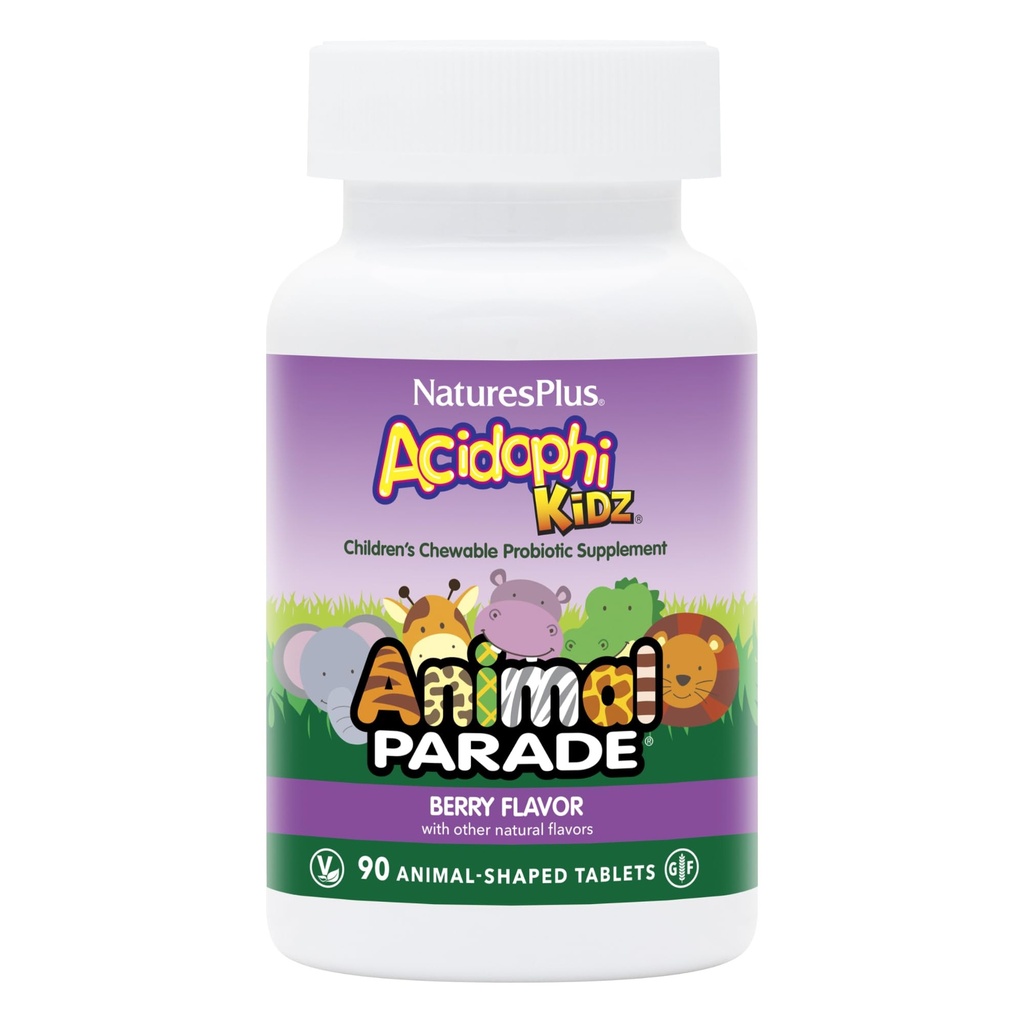 NaturesPlus Animal Parade AcidophiKidz, Berry Flavor - 90 Pureskeltava, Animal-Shaped Tablets - pakkaus 2 - Probiootit, FOS & Grape Seed - 180 Yhteensä