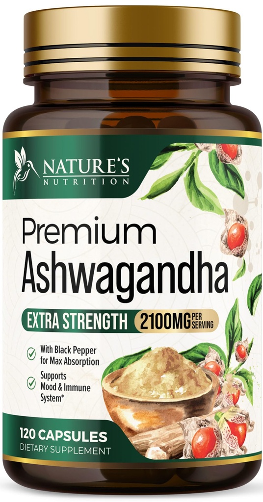 Ashwagandha lisäravinteet - 2100mg Ashwagandha kapseli naisille ja miehille, luonnollinen antioksidantti tuki, Ashwa juuriuute, extra vahvuus Rauhallinen tuki Black Pepper, Vegan & Gluteeniton - 120 kapselia