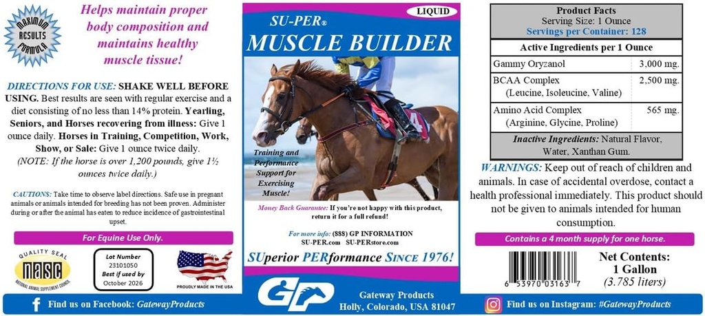 SU-PER Muscle Builder Horse Supplement - Utbildning och prestationsstöd för träning av muskler - 1 Gallon, 4 månaders leverans
