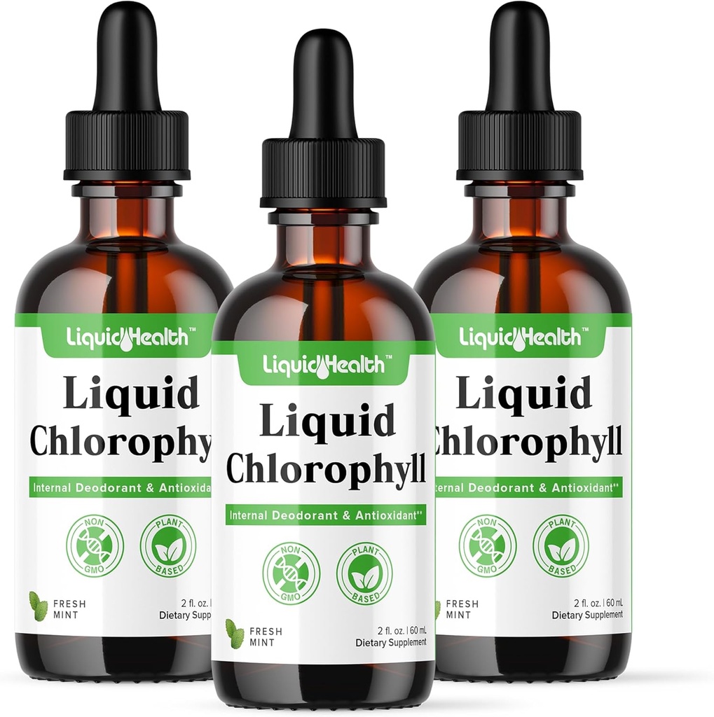 LIQUIDHEALTH Liquid klorofylli Drops - sisäinen deodorizer, antioksidantit, maksan detox, Immuuni tuki, lievittää pahaa hengitystä, vähentää ruokahalua, kollageeni hiukset ja ihon terveys - Vegan, ei-GMO (3 pakkaus)