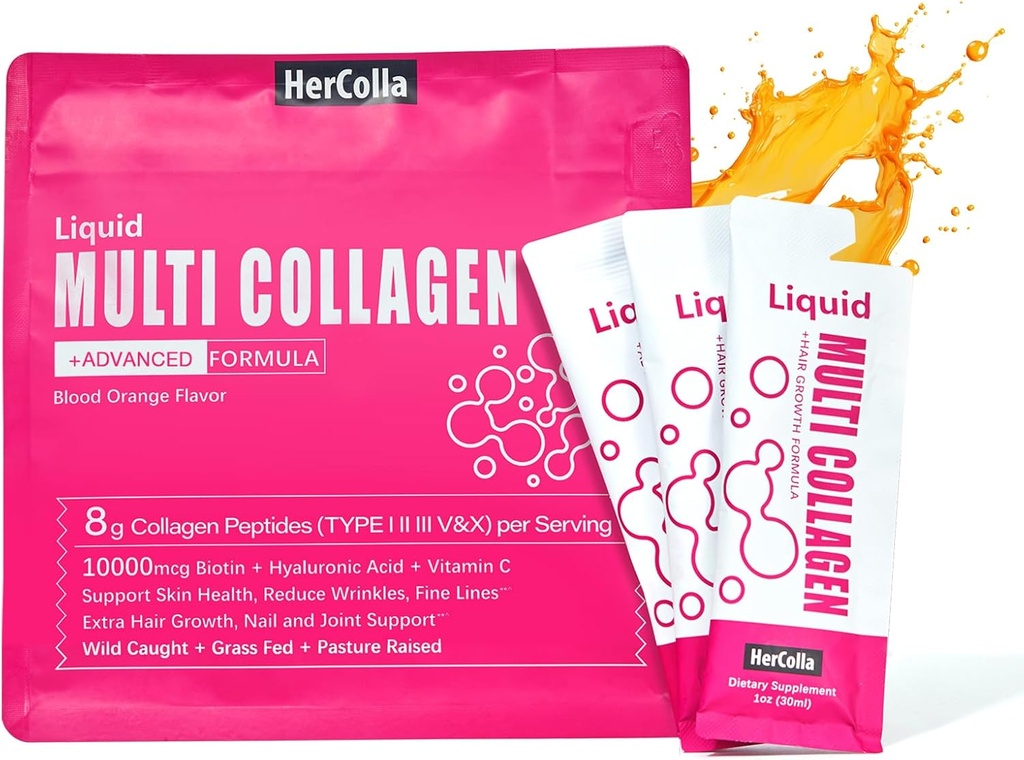 Liquid Collagen for Women, 10000mcg Biotin, 8000 mg Multi tyyppi Collagen Peptides, Hyaluronic Acid, C-vitamiini, iho, kynsi, hiusten täydentää, Orange Flavor, 10 Fl oz. (1 pakkaus, Orange)
