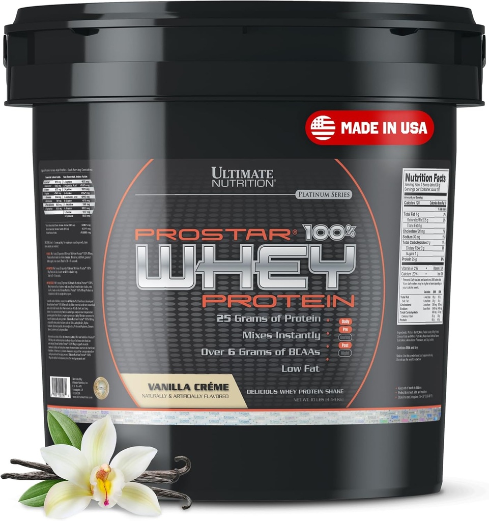 Ultimate Nutrition Prostar Whey Protein Powder Isolate, Vanilla - Low Carb, High Protein Powder Shake for Muscle Gain & Recovery - Alhainen natrium, matala rasva & Keto Friendly - 10 kg Bucket