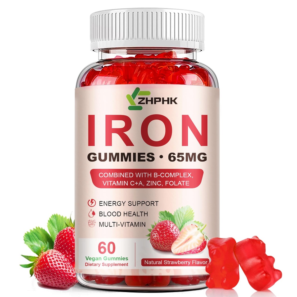 Rauta Supplement Gummies, 65 mg Rauta ja 250 mg C-vitamiini naisille Miehet Lapset, Natural Vegan Iron Gummy kanssa A-vitamiini, B-komplex, Biotiini, Sinkki & Folate Energy Support & Immuuniterveys, 60 Gummies