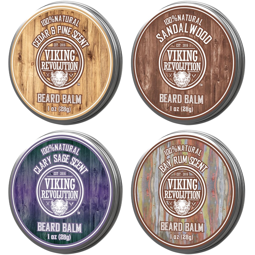 Viking Revolution 4 Parta Balm Variety Pack (1oz Each) - Sandalwood, Pine & Cedar, Bay Rum, Clary Sage - Styles, vahvistaa ja Pehmentää Parrat ja viikset - Vahaa miehille