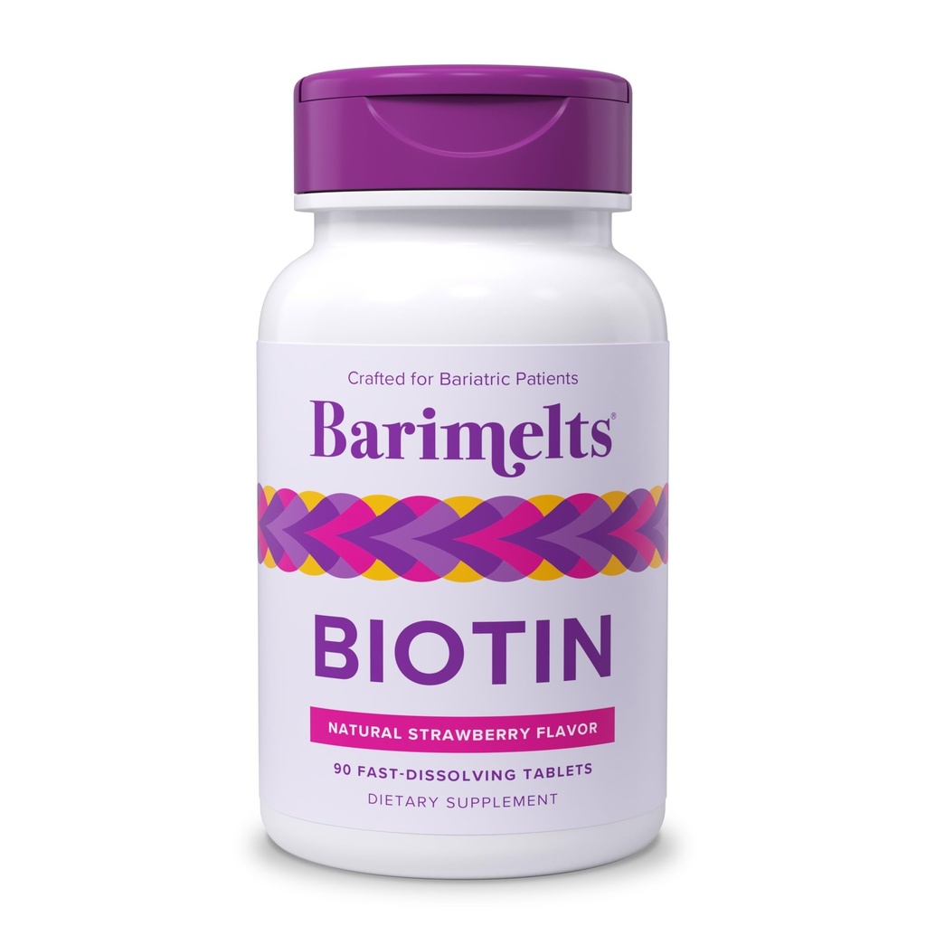 BariMelts Biotin 5000mcg, 90 Fast-Dissolving tabletter (3-månaders leverans), sockerfri bariatriska vitaminer för kvinnor, naturlig jordgubbsmak