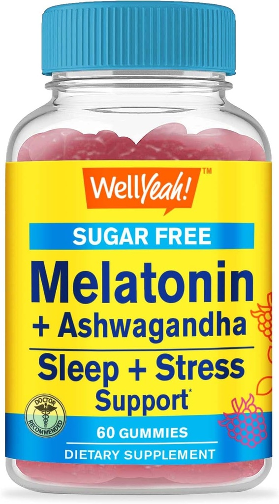 WellYeah Melatoniini (2mg) kanssa Ashwagandha (850mg) Sokerittomia Gummies - Sleep & Stress Aid Supplement - kamomilla, sitruuna balm, Lavender, ja Valerian - Natural Sourced Flavor - 60 Count