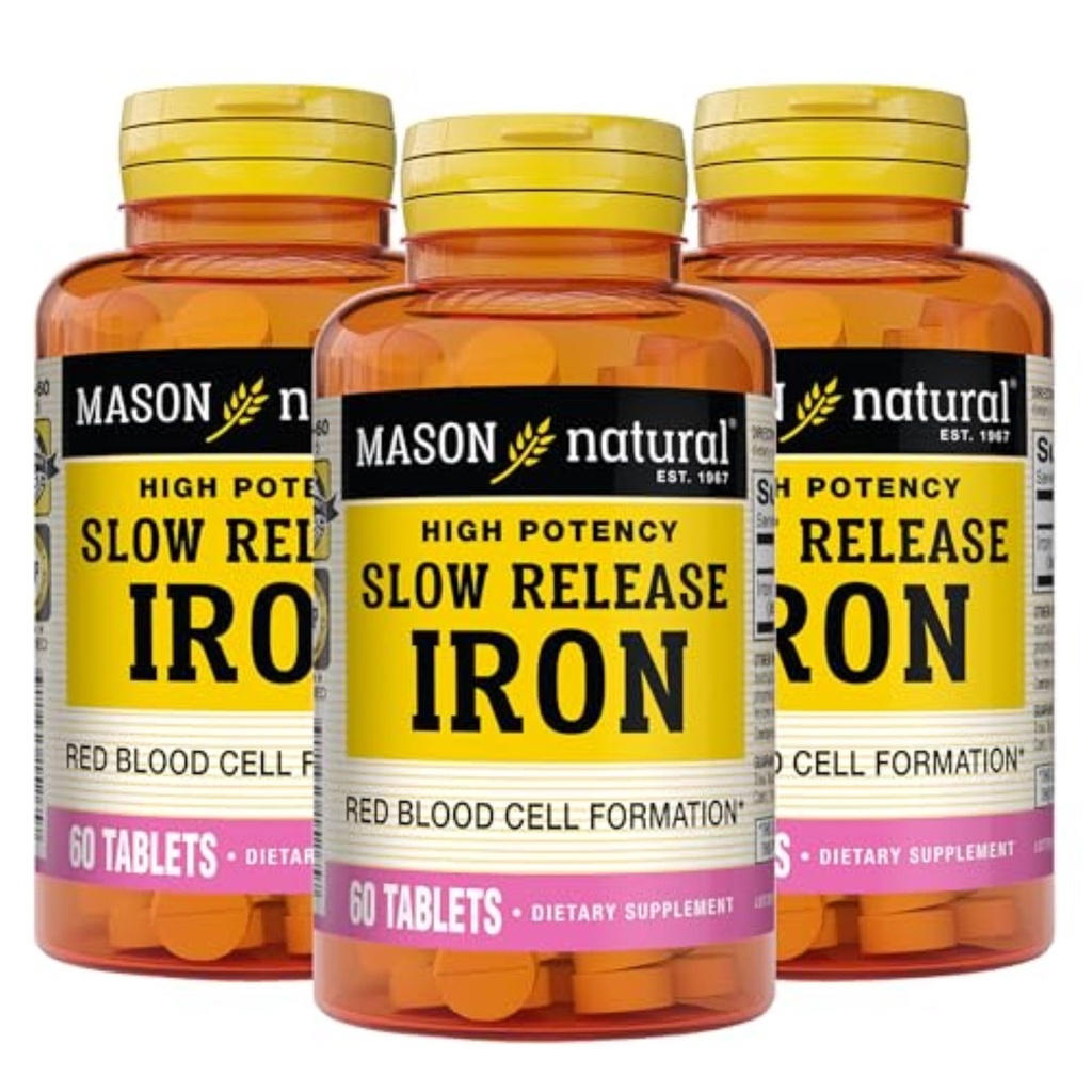 Mason Natural Slow, Release Iron (Ferrous Sulfate) 50 mg tabletit, 180 päivän toimitus, korkea teho täydentää, hellä vatsa, 3 pakkaus
