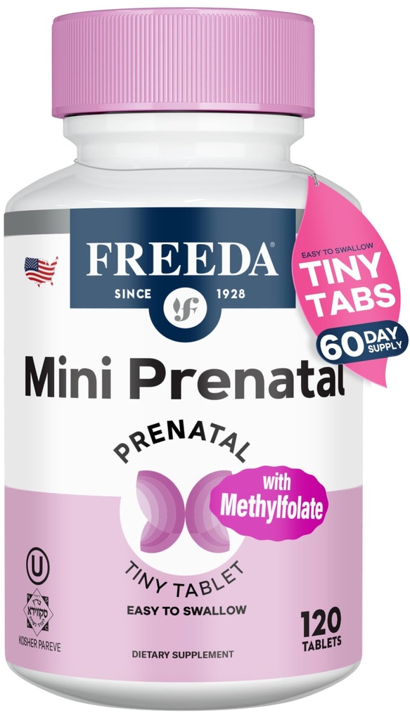 FREEDA Mini Prenatal Vitamin - Kosher Prenatals -Tiny Lätt att svälja tabletter - Prenatal Vitaminer med järn, Prenatal Folic Acid / folat, vitamin D - Pre Natal Multivitamin för gravida kvinnor (120)