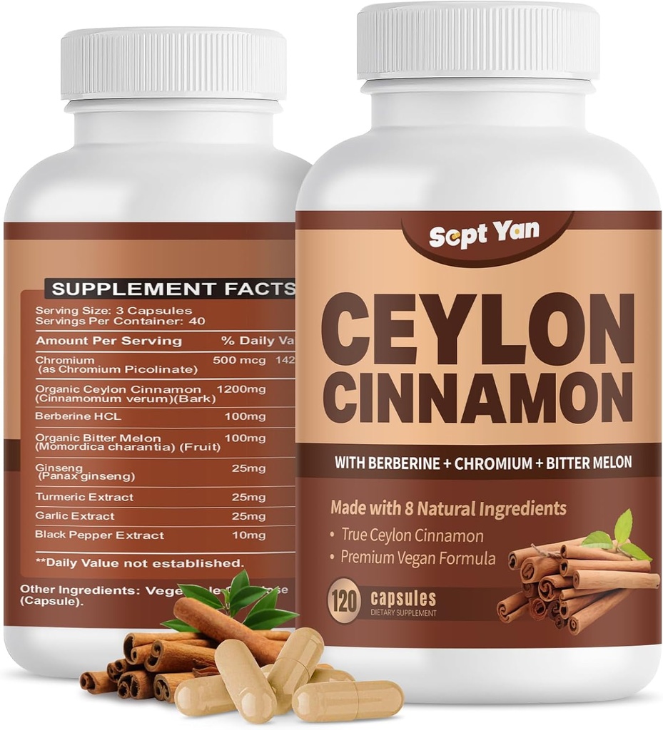 Ceylon Cinnamon Capsules 1200mg Kaneli Bark lisäravinteet kromia, berberiini HCL & Turmeric, Vegan, 120 kapselia, energiaa, aineenvaihduntaa, sydän- ja immuunitukea