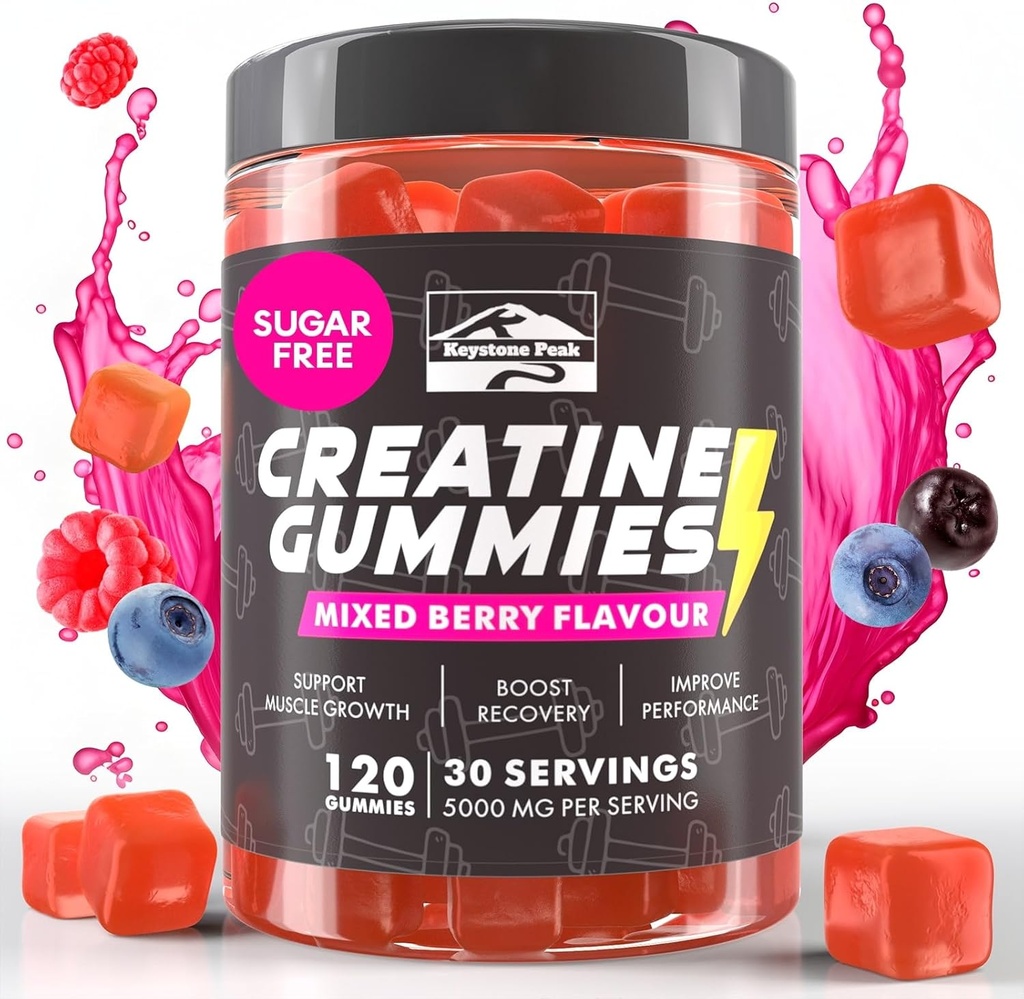 KP Creatine Monohydrate Gummies Mixed Berry för Män & Kvinnor, 100% Kreatin Mixed Berry Gummies, 5g per Servering + Vegan, Sugar Free, Mixed Berry + Styrka, Energi, Muskel & Booty Gain - 120 Count