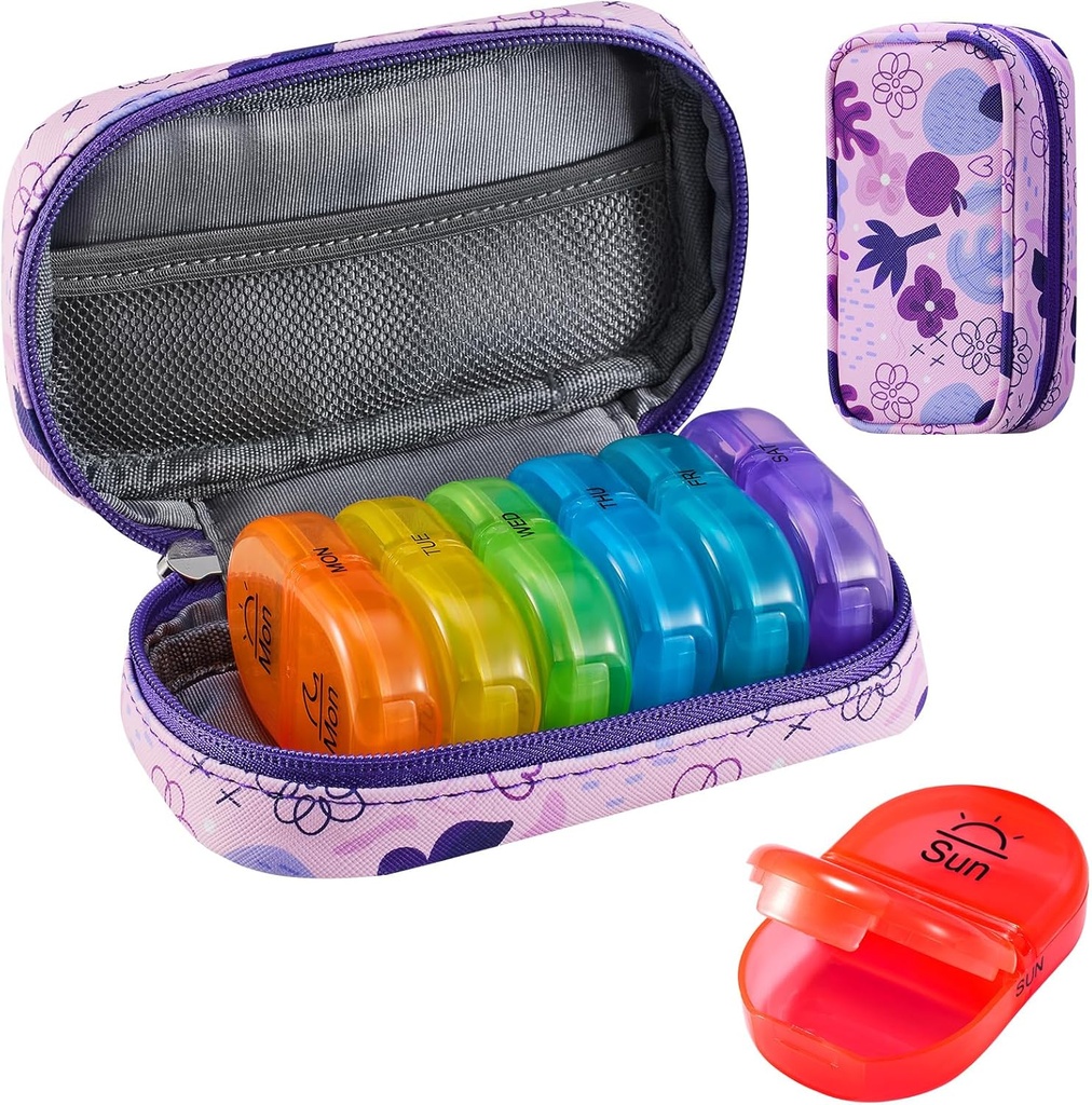 Serfeymi Viikottainen matka pilleri Järjestäjä 2 Kertaa päivässä Päivitetty Sateenkaari pilleri Laatikko 7 Päivä Kannettava Zipper PU Nahka pilleri Case, Lääketiede Organizer pillereitä, Vitamiinit, Kalaöljyjä - Purppura 02