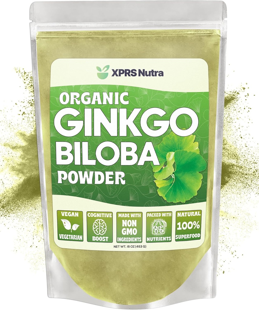 XPRS Nutra Organic Ginkgo Biloba Powder - Gingko Biloba Cognition lisäravinteet - Vegaani Friendly Ginkoba Biloba Organic - Immuniteetti Ginkgo Biloba Powder (16 oz)
