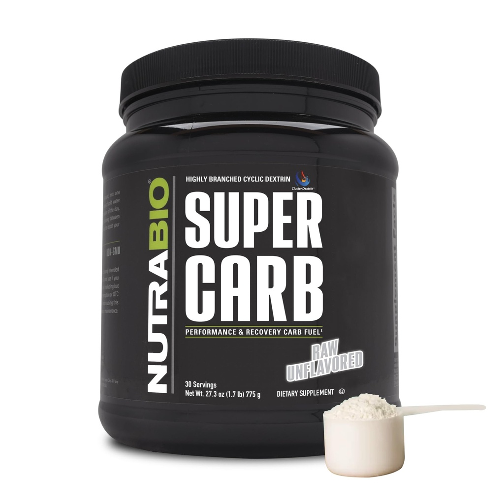 NutraBio Super Carb, kolhydratpulver med Cluster Dextrin & Electrolytes, Advanced Carb Supplement Powder för träningsbränsle, prestanda och muskelåterhämtning, Cyclic Dextrin, Unflavored, 30 Sv