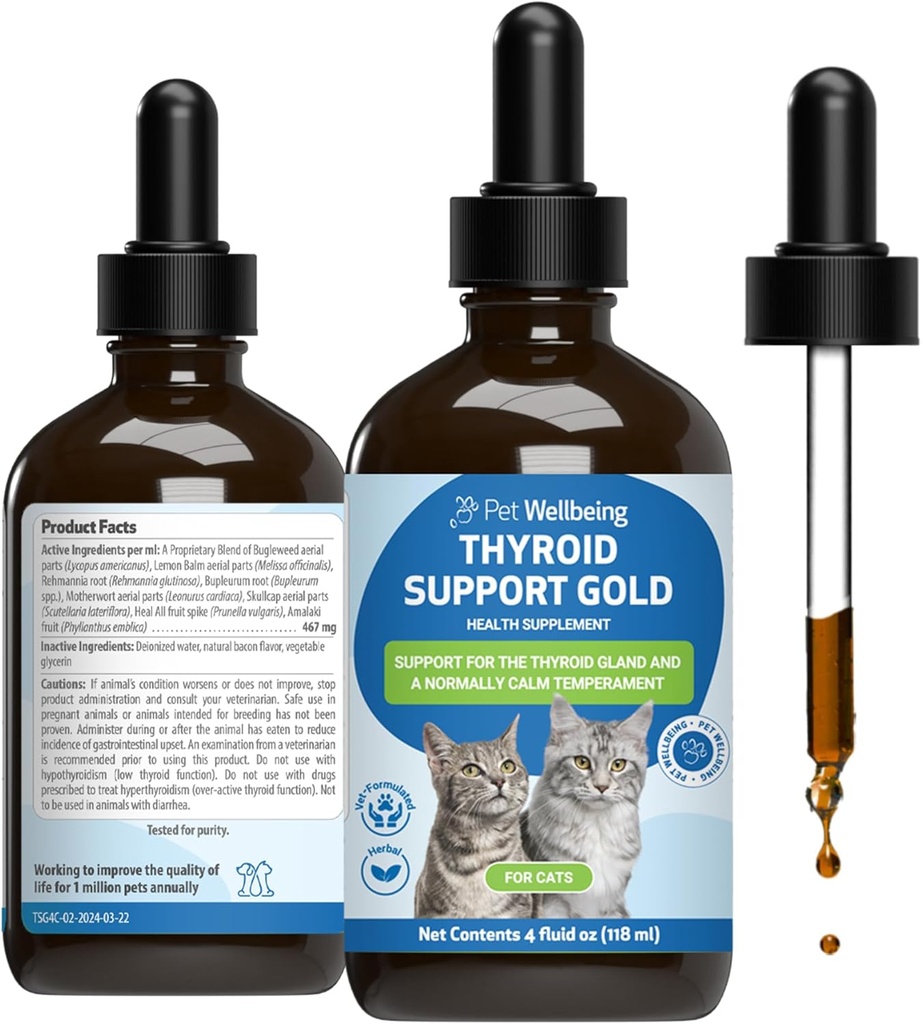 Pet Wellbeing Thyroid Support Gold för katter - Stöder hälsosam sköldkörtelfunktion i katter, normal metabolism, Bugleweed, Lemon Balm - Veterinär-Formulerad Herbal Supplement 4 fl oz (118 ml)