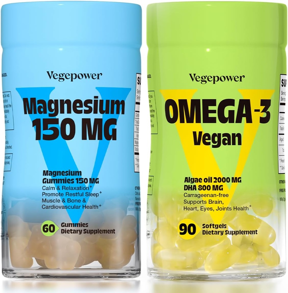 Vegan Omega-3 + Magnesium Gummies ... Algae Omega-3 800mg DHA lisäravinteet aivoihin, Heart Eyes Health- 90 Count ... 150mg Magnesium Citrate Gummies aikuisille ja lapsille Rauhoitu, rentoudu