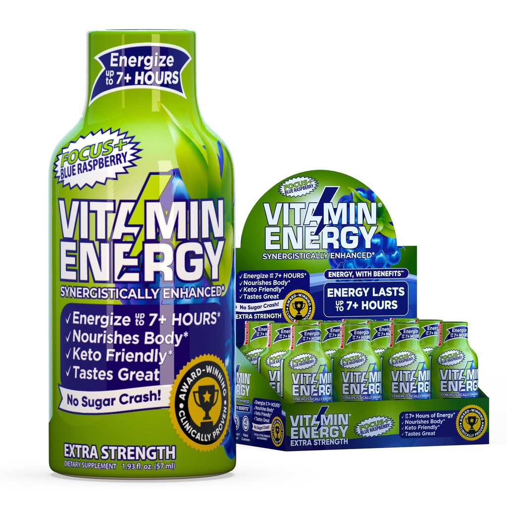 Vitamiini Energy Focus+ Extra Strength Energy Shot Blue Raspberry 12 pakkaus, 260 mg luonnollinen kofeiini, B-vitamins, CoQ10, Aminohapot, tarkennus, tuottavuus ja selkeys, nollasokeri, gluteeniton, 1,93 fl oz