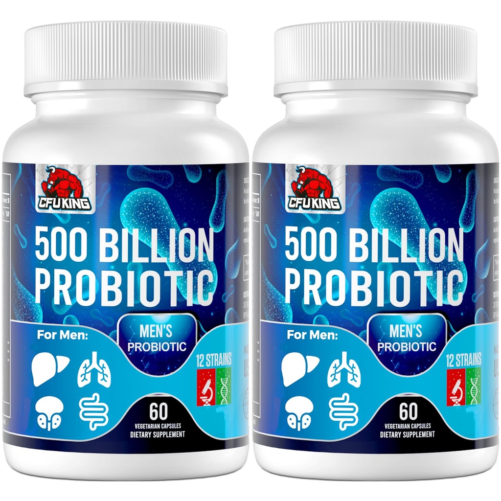 Probiotika för män, 500 miljarder CFU & 12 Mens Probiotic för Digestive Health + 4 Organic Prebiotic Fiber, för Digestive, Gut, Immune Health, Bloating, Gas, Energy Support, Shelf Stable - 120 kapslar