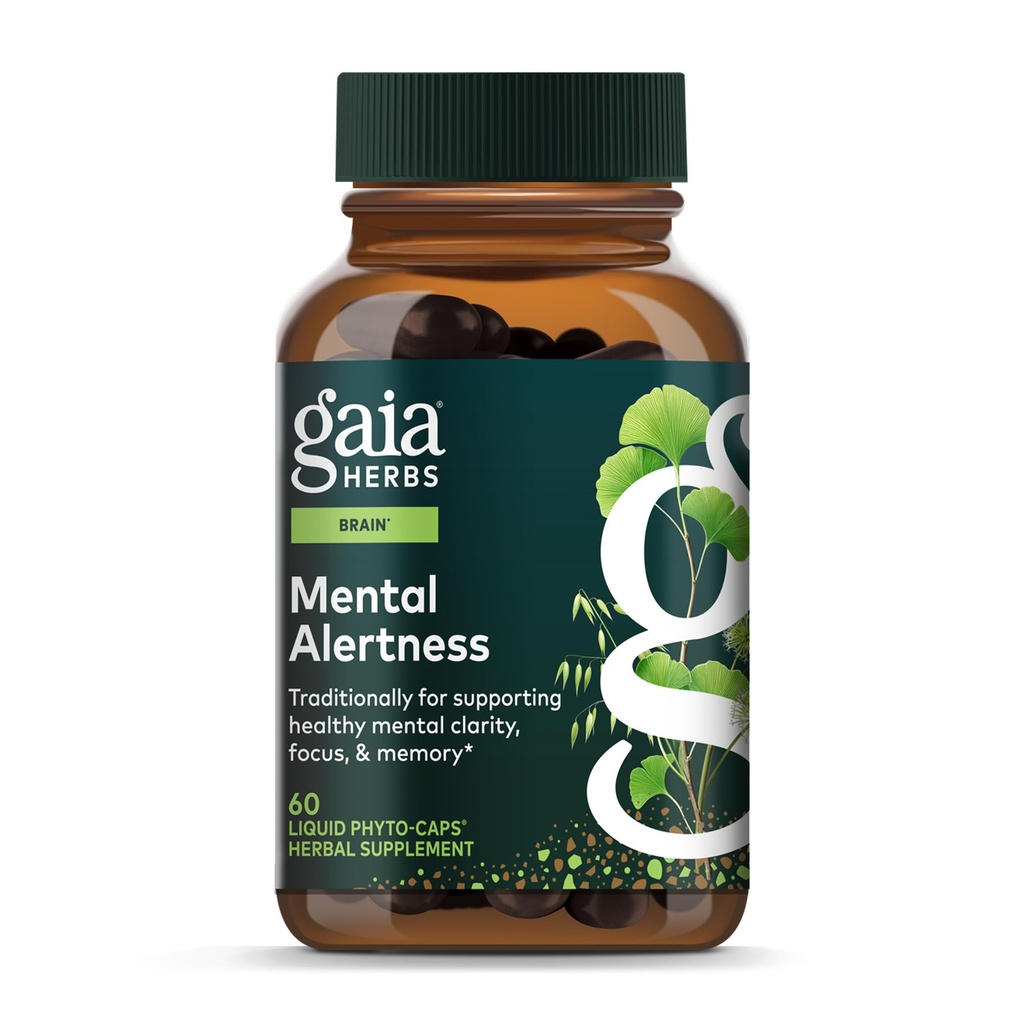 Gaia Yrtit henkinen hälytys - Brain Support Supplement to Help Young Focus & Memory* - Eleuthero, Ginkgo Leaf, Gotu Kola, Rosemary & Kaura - 60 Vegan Liquid Phyto-Capsules (15 päivän toimitus)