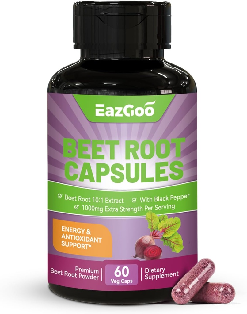 Beet Root Capsules 1000mg Per Serving, stöder Nitric Oxide Production & Blood Pressure, med Black Pepper Extract, Non-GMO, Gluten Free, Vegan - 60 Räkningar