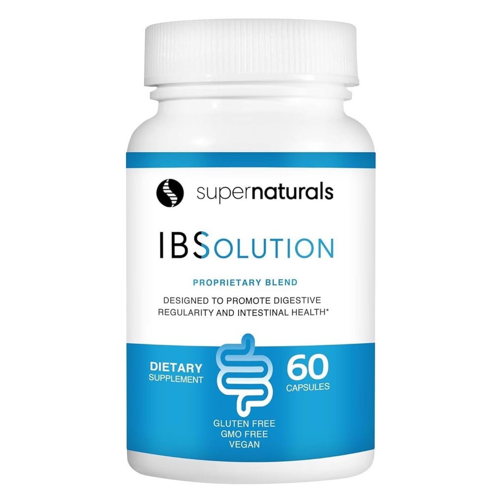 Supernaturals IBSolution - Made in USA, Ei-GMO, Gluteeniton & Vegan (60 kapselia) - Ruoansulatuskanavan Gut Health Supplement Psyllium Husk - Kaasu, turvotus, ripuli, Ummetus Ruoansulatus, vatsakipu