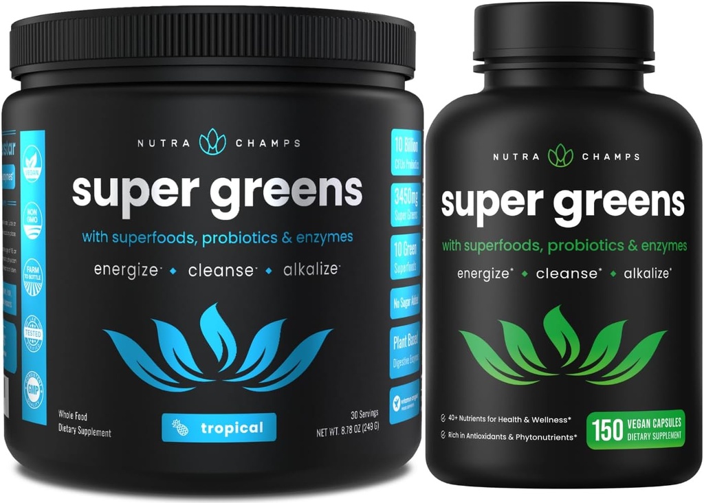 NutraChamps Tropical Super Greens Powder & Super Greens kapselit