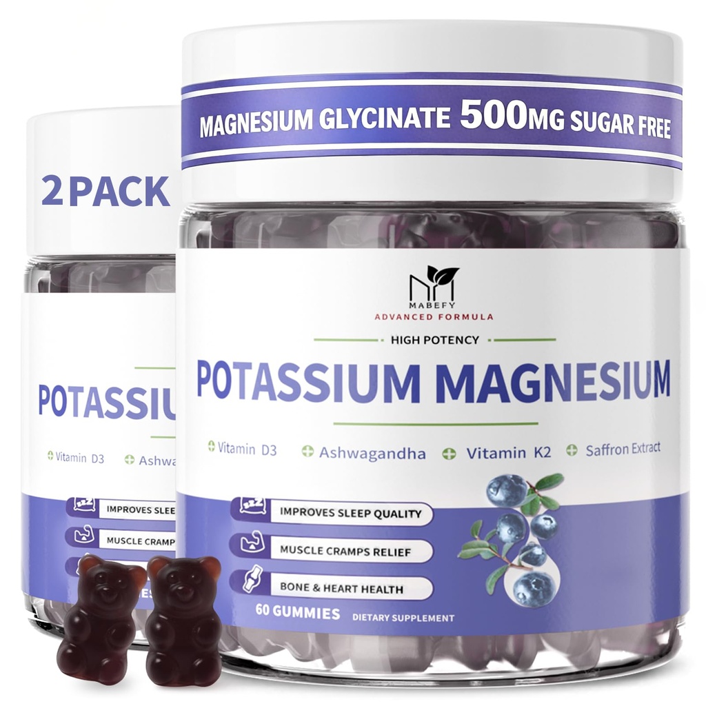 2 pakkaus Kalium Magnesium Gummies, sokeriton kalium Gummies kanssa magnesium Glycinate 500 mg pureskeltava magnesium kalium täydentää kalsiumia, sinkkiä, vitamiinia jalkakramppeja ja lihas