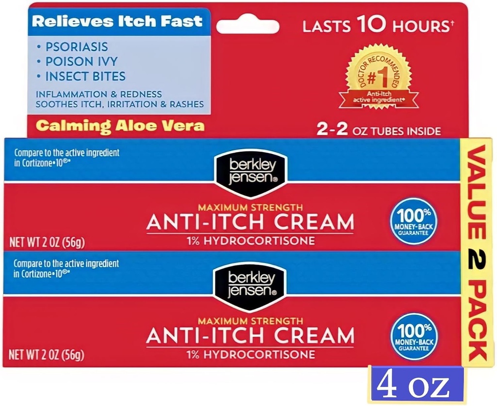 Berkley Jensen Maximum Strength Anti-Itch Cream (4 oz.), Calming Aloe Vera, 1% Hydrokortisoni kutina helpotus ihottuma, psoriaasi, Bug Bites, Myrkytys Ivy, Oak ja Sumac, 2 oz. Putki (Pack of 2)