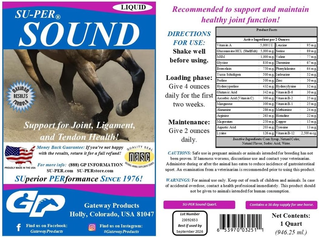 SU-PER Sound Joint Horse Supplement - Stöd för Joint, Ligament och Tendon Health - Häst Vitaminer och mineraler, Glukosamin, MSM, Bromelain, Aminosyror, Lysine - 1 kvart, (2 Pack)