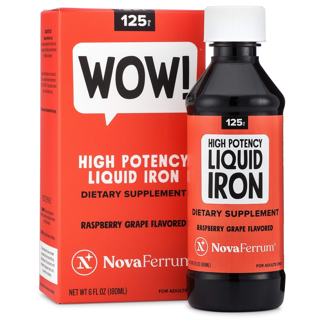 NovaFerrum Wow, 125 High Potency Liquid Iron Supplement för vuxna, Järnbrist, 125mg Iron Per 5mL Dose, Vegan Verified, Gluten Free Certified, Sugar Free