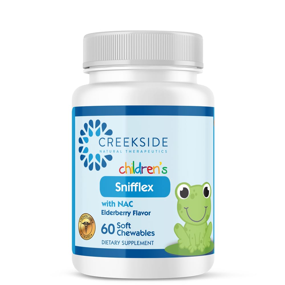 Creekside Naturals Snifflex, Lasten Sinus- ja hengitystuki, Elderberry for Immuno Health, lastenlääkäri NAC, Quercetin & bromain, Zero Sugar, Vegan, 60 Soft Chewables