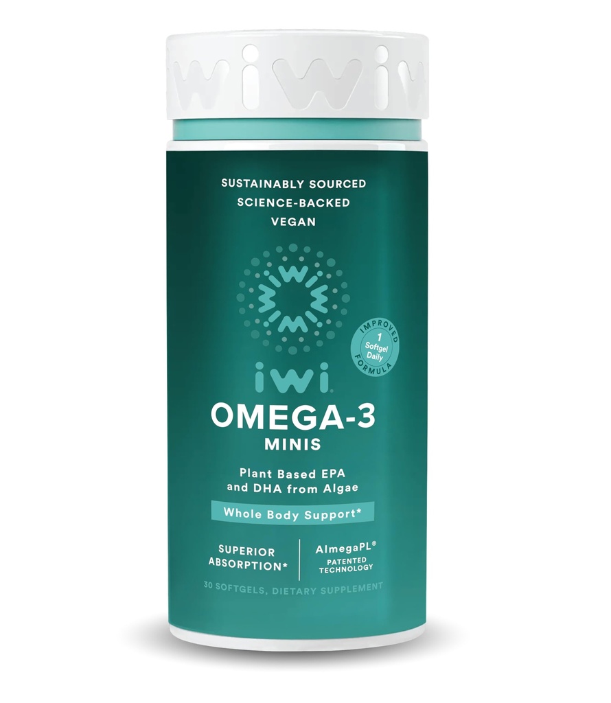 Iwi Omega-3 Mini Softgels (30 portioner), Lätt att svälja, Plant-Based Algae Omega 3 med EPA + DHA, Whole-Body Support Dietary Supplement, Krill & Fish Oil Alternative, No Fishy Aftertaste
