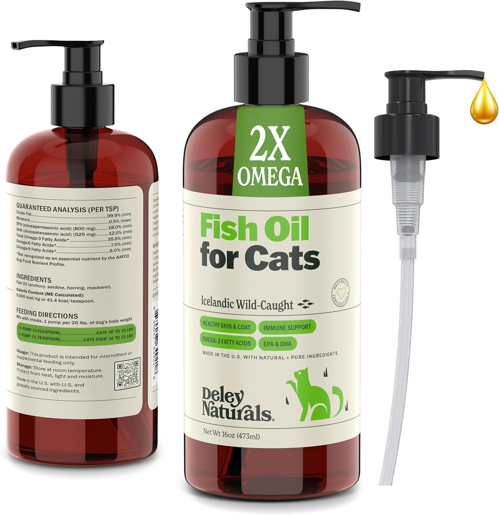 Deley Naturals Wild Caught Fish Oil for Cats kanssa 2X Omega - Cat Fish Oil kanssa korkein EPA & DHA Potency - Omega 3 varten Cats varten Sheddding, iho, takki, joints, Heart and Immune System - Valmistettu Yhdysvalloissa
