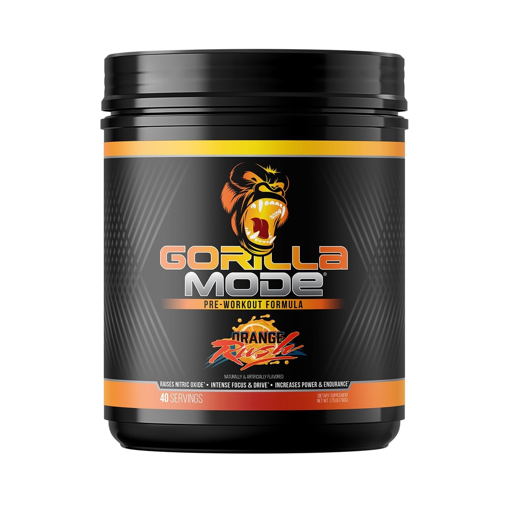 Gorilla Mind Pre Treenout - Massive Pumps Laser Focus Energy Power - L-Citrulline, Creatiini, L-tyrosiini, Betaine, Hydroprime, Alpha-GPC, 400 mg kofeiini, Huperzine A - 796g (Orange Rush)