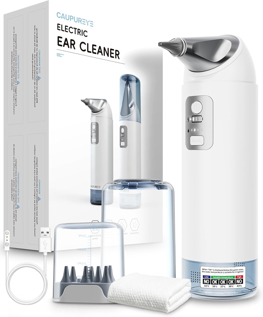 Ear Wax Removal Kit, 360° Electric Ear Cleaner, Ear Cleaning Kit med 4 vattentryckslägen, Earwax Removal Kit för säker öronbevattning Flushing System w/8 Bevattning Tips, Lågt Buller, IP65 Vattentät
