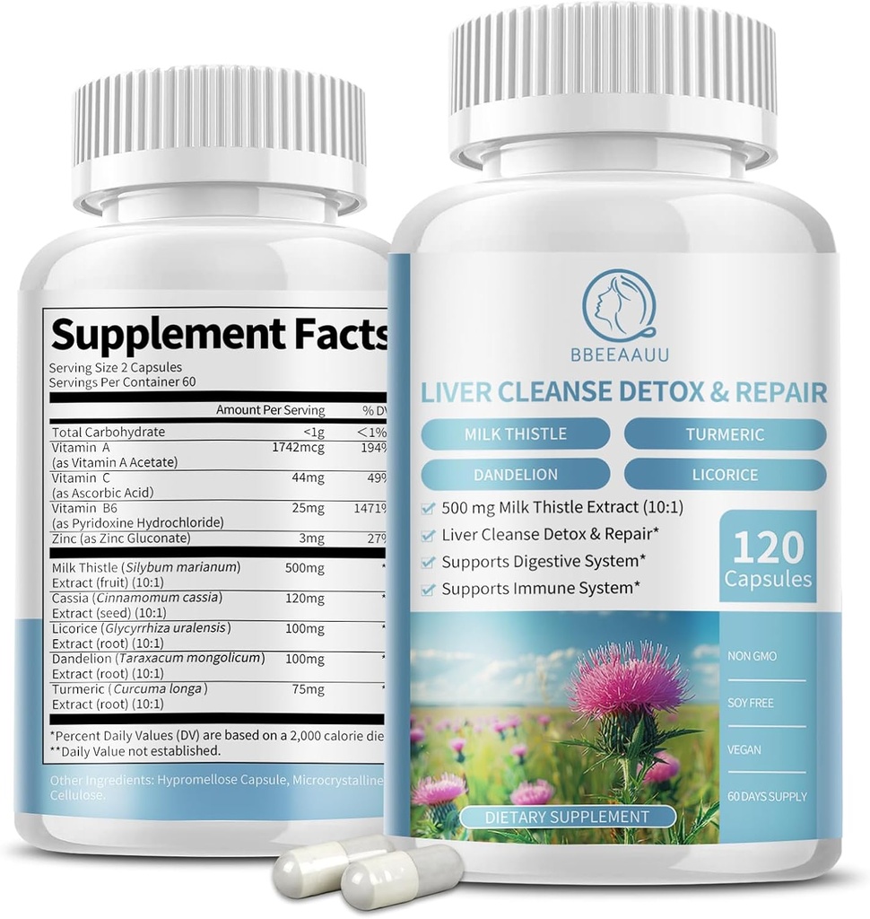 Milk Thistle Supplement Kapselit, Maksan Health Formula, voikukan juuri, 10:1 uute, maksa Detox Cleanse tuki, Ruoansulatus- ja immuunijärjestelmä, 120 kasviskapselit