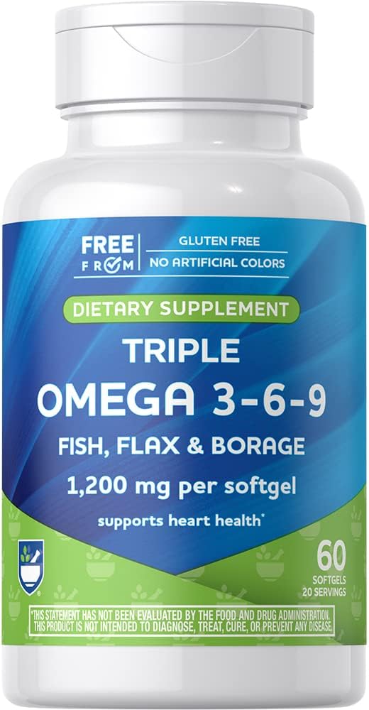 Rite Aid Triple Omega 3, 6, 9 Softgels - 60 greve fiskolja för att stödja ett hälsosamt hjärta, DHA och EPA, Flaxseed och Borage Oil