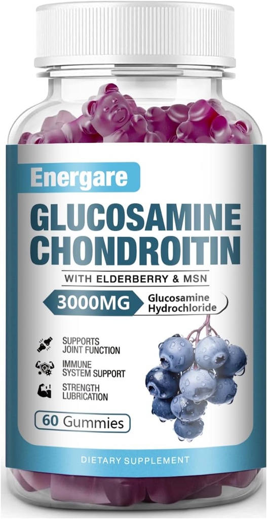 1 pakkaus 3000 mg Glukosamiinikondroitiini MSM Gummies & Elderberry, Extra Strength Yhteinen tuki Terveys, joustavuus, antioksidantti, Immuuni Supplement Gummy aikuisille, Miehet & naiset 60