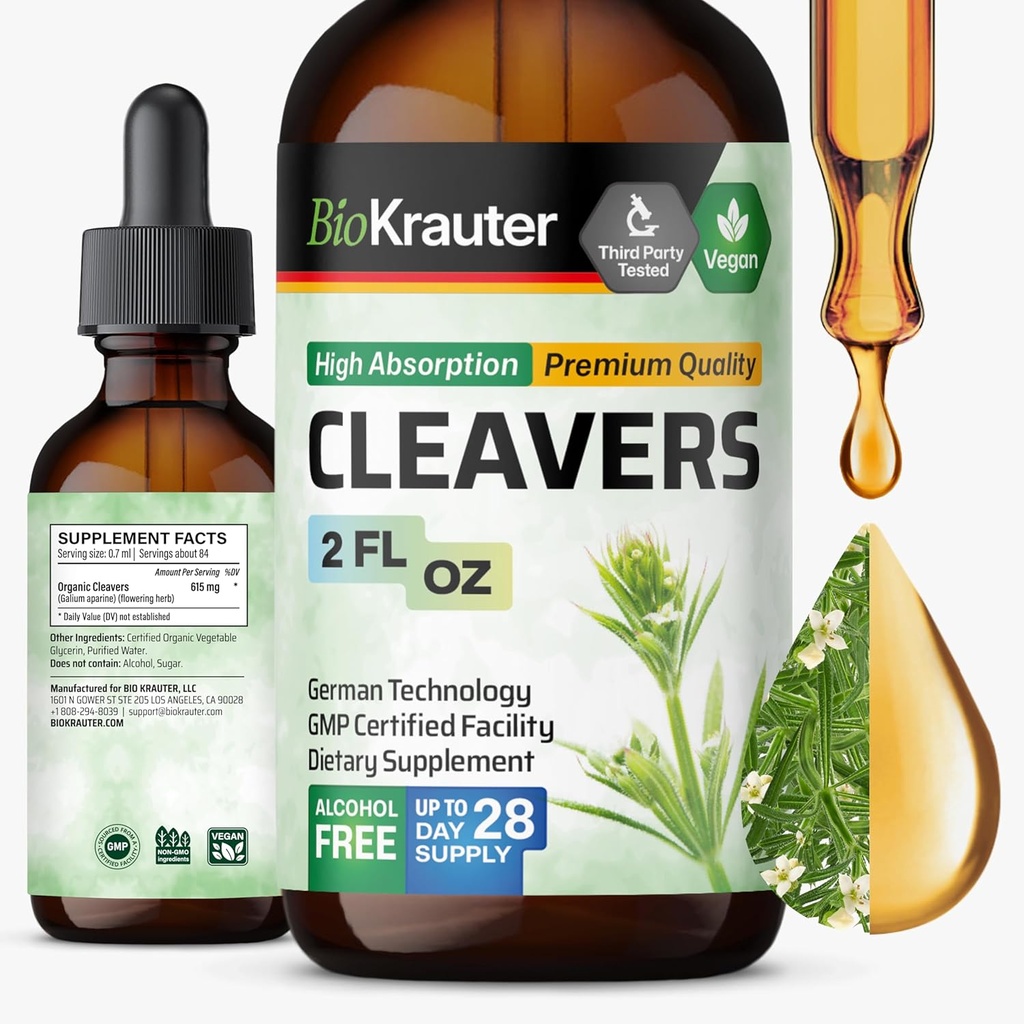 BIO KRAUTER Cleavers Tincture - Cleavers Herb Liquid Extract - Natural Detox - Alkoholiton ja sokeriton - Vegan Extract 2 Fl.Oz.