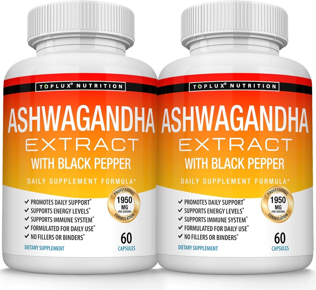 Organiska Ashwagandha Root Powder Pills 1950 Mg med Black Pepper Extract - Pure Natural Ashwagandha Supplement, Support Energy, för Män Kvinnor, 60 kapslar